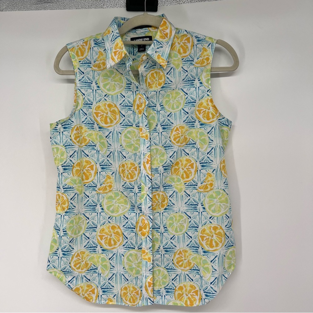 Lands' End Sleeveless Button-Down Citrus Print Shirt - Yellow, Green, Blue